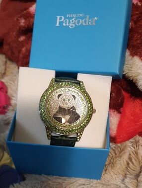 August Birthstone Peridot Green Crystal Oversized Watch "Panda" Genuine Leather